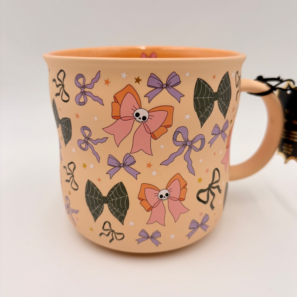 Halloween Pastel Bow Skull Spiderweb Oversized Mug 22.5oz Peach Orange New